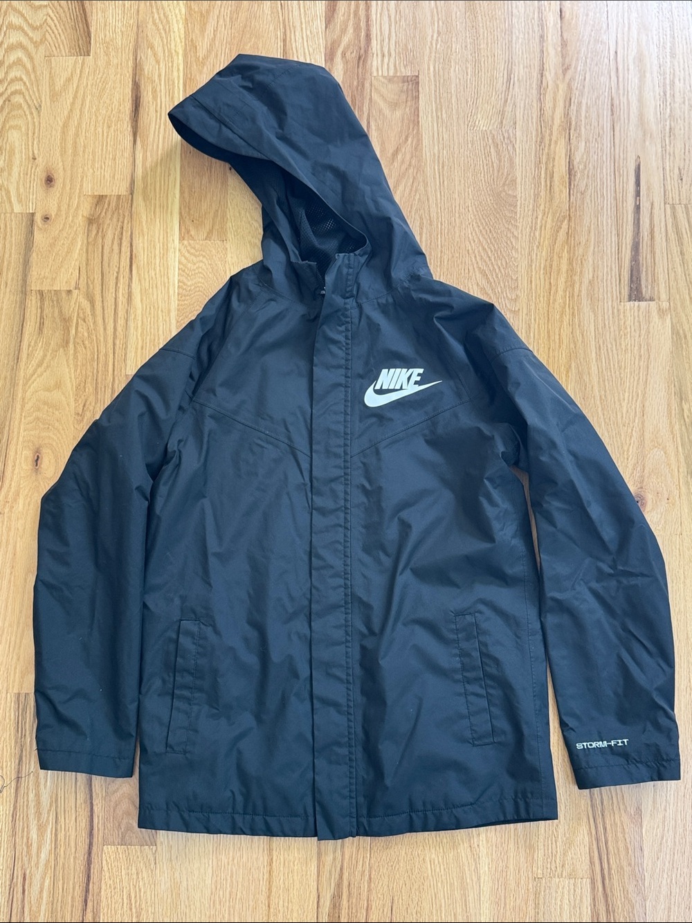 Nike Black Hooded Kids Rain Jacket with White Logo